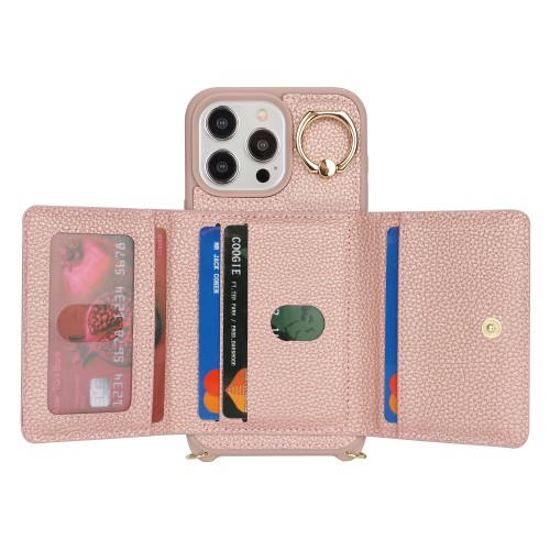 iPhone 13 Pro Necklace Leder Hülle mit Münzfach und Kartenfächer   Finger Griff Halterung   Handykette - Roségold