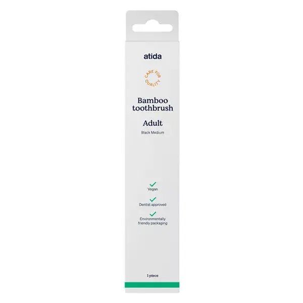 Escova de dentes Atida Oral-Body de bambu, tamanho adulto médio, preta.