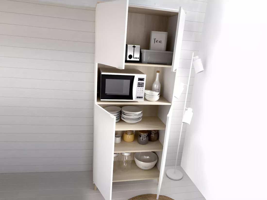 Buffet de cuisine WAJDI - 4 portes et 1 niche - Blanc et chêne