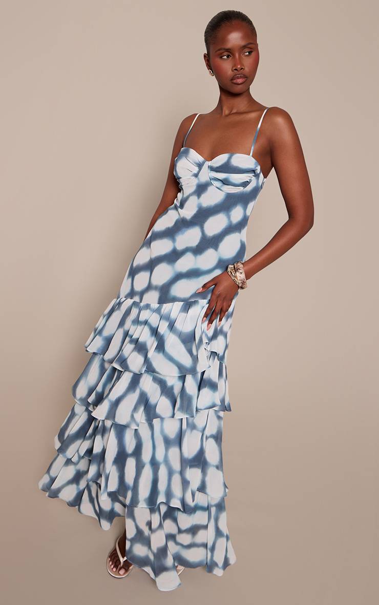 Bleu Robe Maxi À Imprimé Abstrait Avec Ourlet À Volants