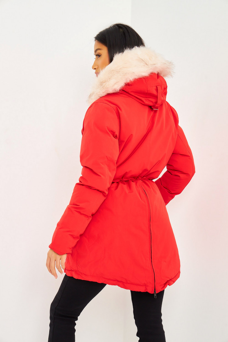 Parka rouge mi-longue à capuche fourrure blanche