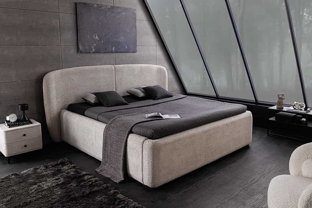 Modernes Boxbett ART DECO 160x200cm greige Bouclé mit Stauraum und Lattenrost