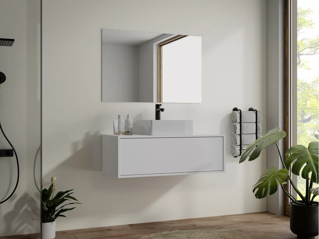 Meuble de salle de bain suspendu blanc avec simple vasque carrée - 94 cm - TEANA II
