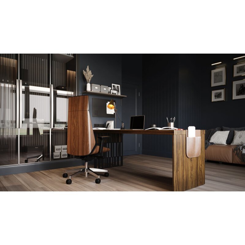 Chaise de bureau ergonomique Moon Wood Simili cuir, avec appui-tête, accoudoirs 3D, mécanisme synchrone + réglage profondeur d'assise, pieds chromé