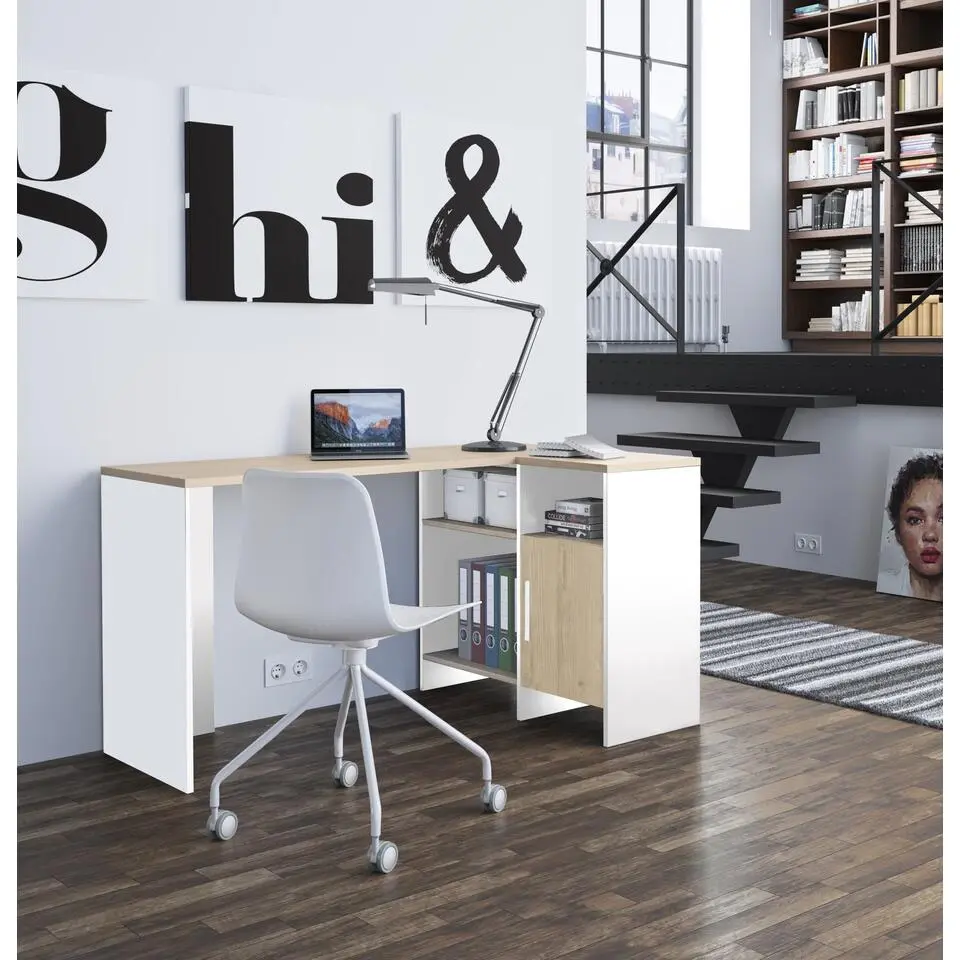 Diagone Hoekbureau Liverpool - 1 deur 3 vakken -Wit/Eikenkleur