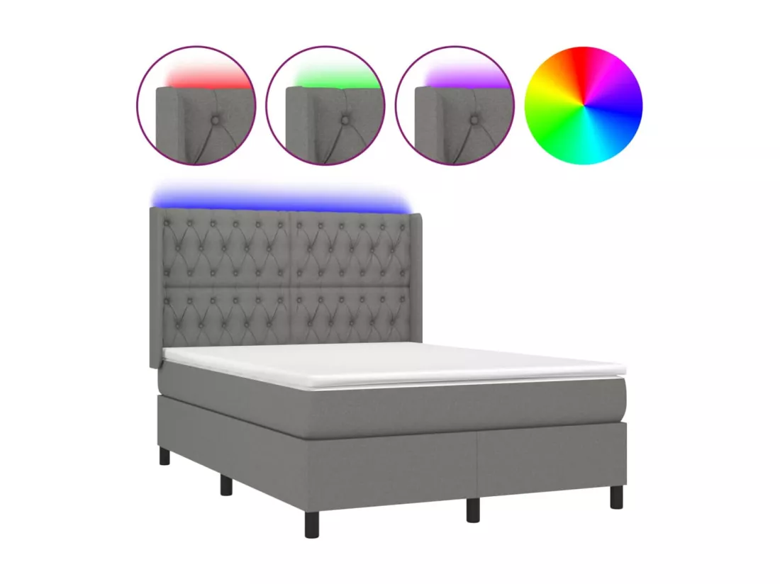 Sommier tapissier et matelas et LED Gris foncé 140x190 cm Tissu