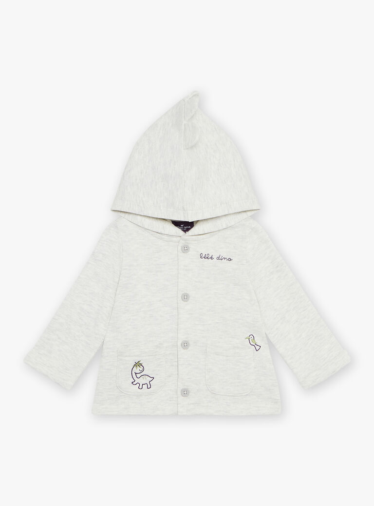 Cardigan en molleton beige chiné à capuche et à broderies animaux fantaisie
