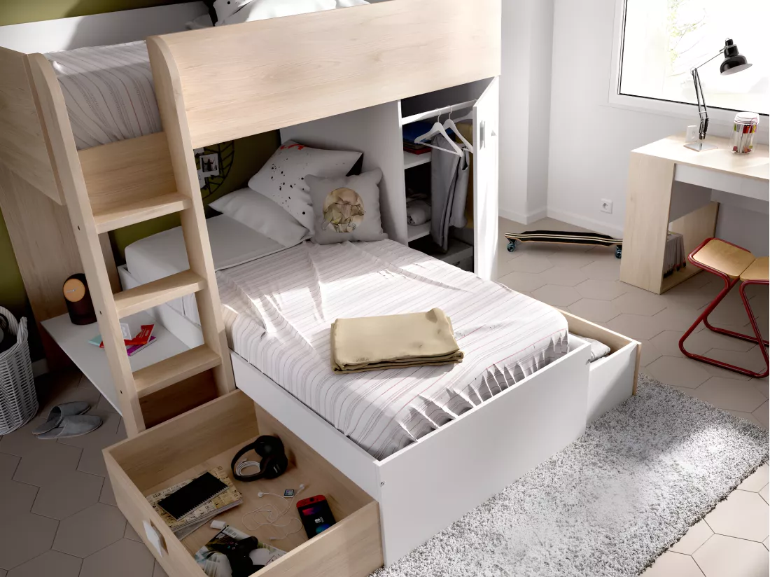 Lits superposés d'angle réversibles RICARDO - 2 x 90 x 190 cm - Rangements intégrés - Chêne et blanc