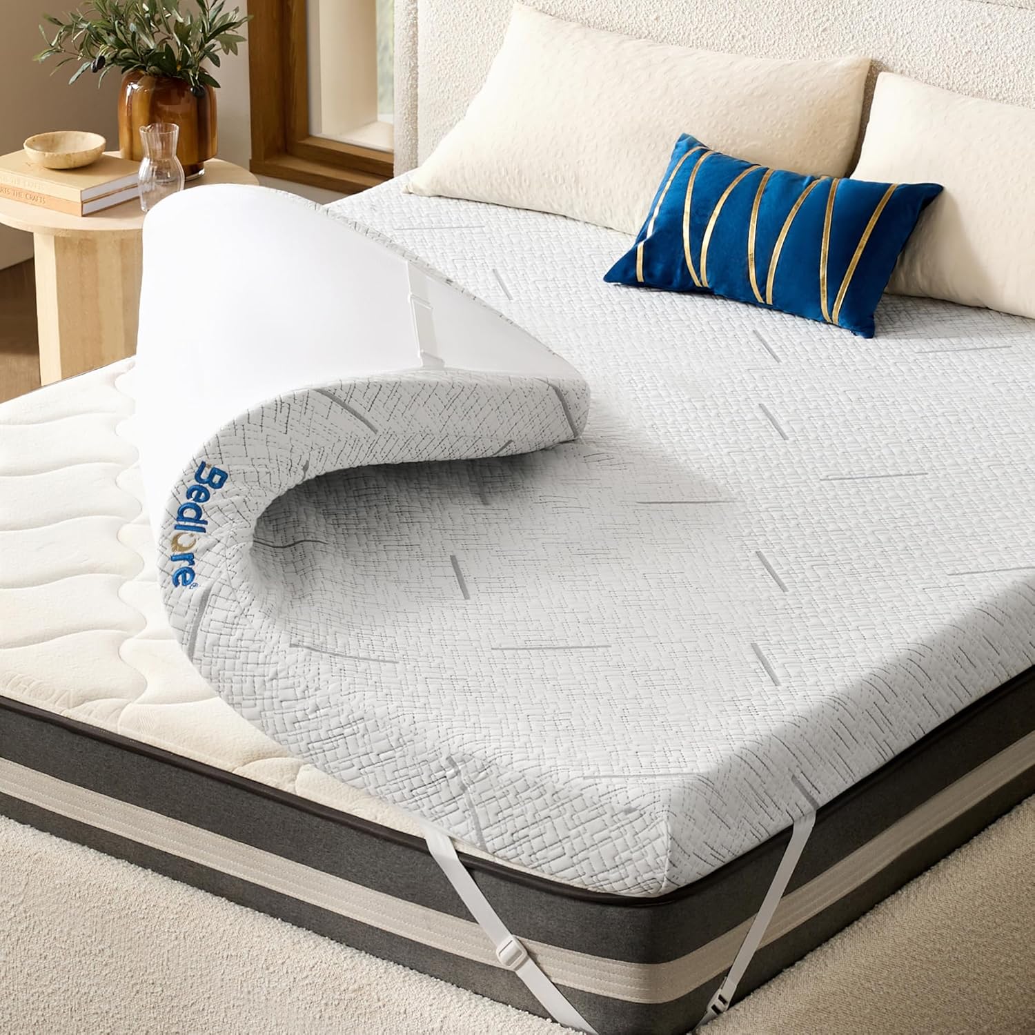 BEDLORE Gel Topper 180x200cm mit 7,6cm Höhe Memory-Schaumstoff, Matratzentopper h2/h3 rutschfest und lindert Rückenschmerzen, Weiß