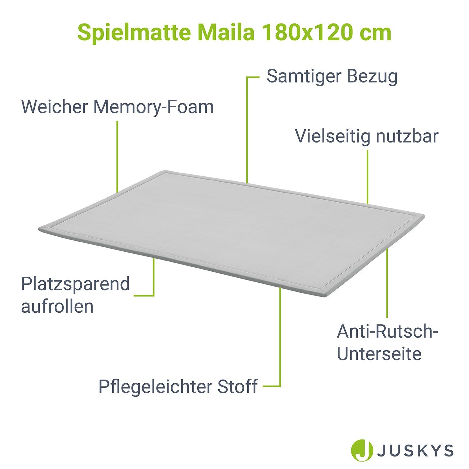 Juskys Krabbelmatte Maila Spielmatte 180x120 cm Yogamatte für Kind, Baby - rutschfest, weich - Grau