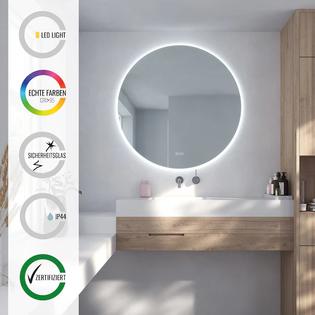 Loevschall Badspiegel »Aalborg LED energiesparender Spiegel, rund, Touchsteuerung,« MultiiWhite® , stufenlos dimmbar, in mehreren Grössen erhältlich
