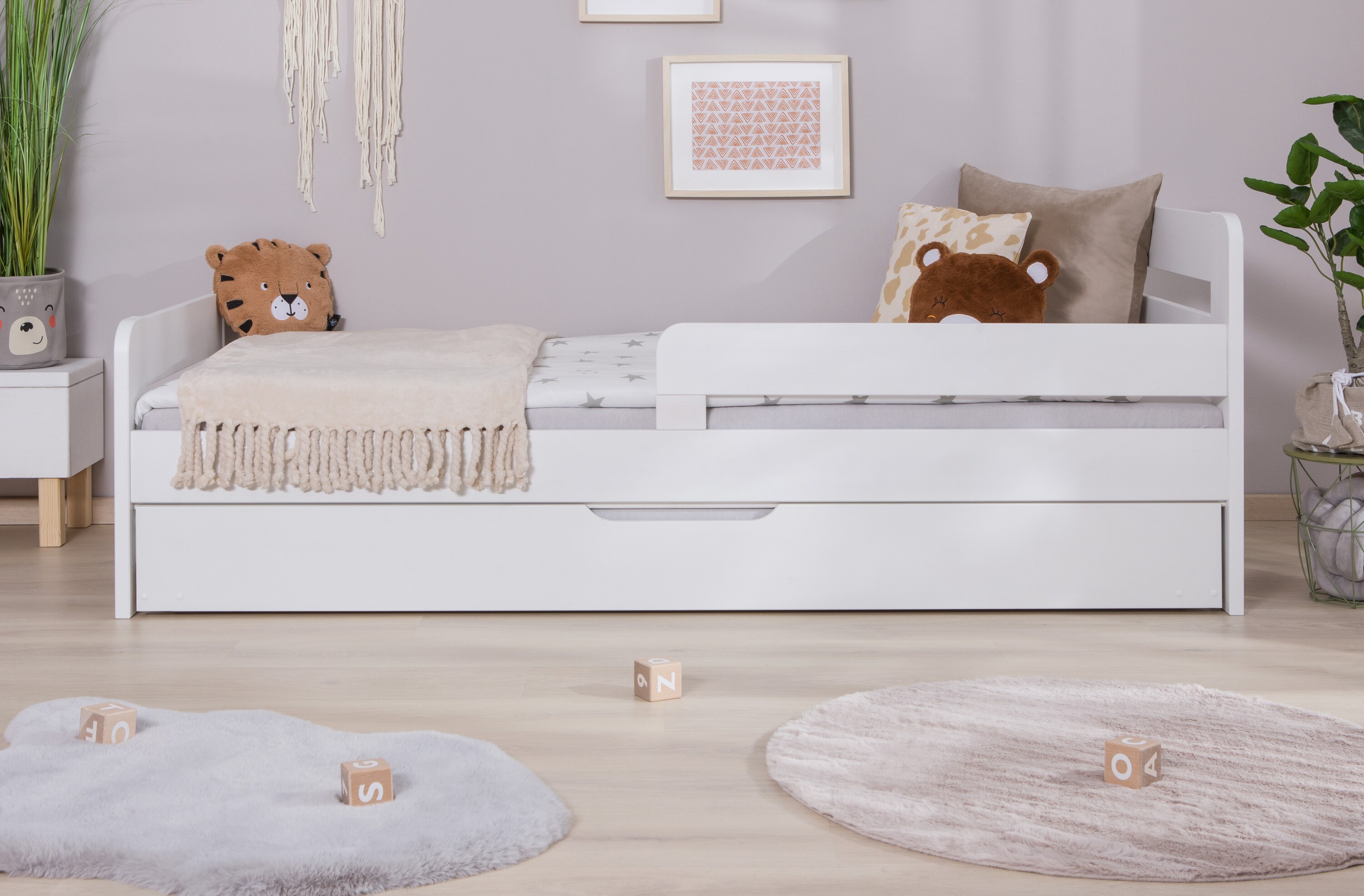 TiCAA Einzelbett Kinderbett Jugendbett, Bennet mit Zusatzbett Rausfallschutz & Lattenrost für Schlafzimmer, Kinderzimmer Kiefer Massivholz Bettgestell 90 x 200 cm