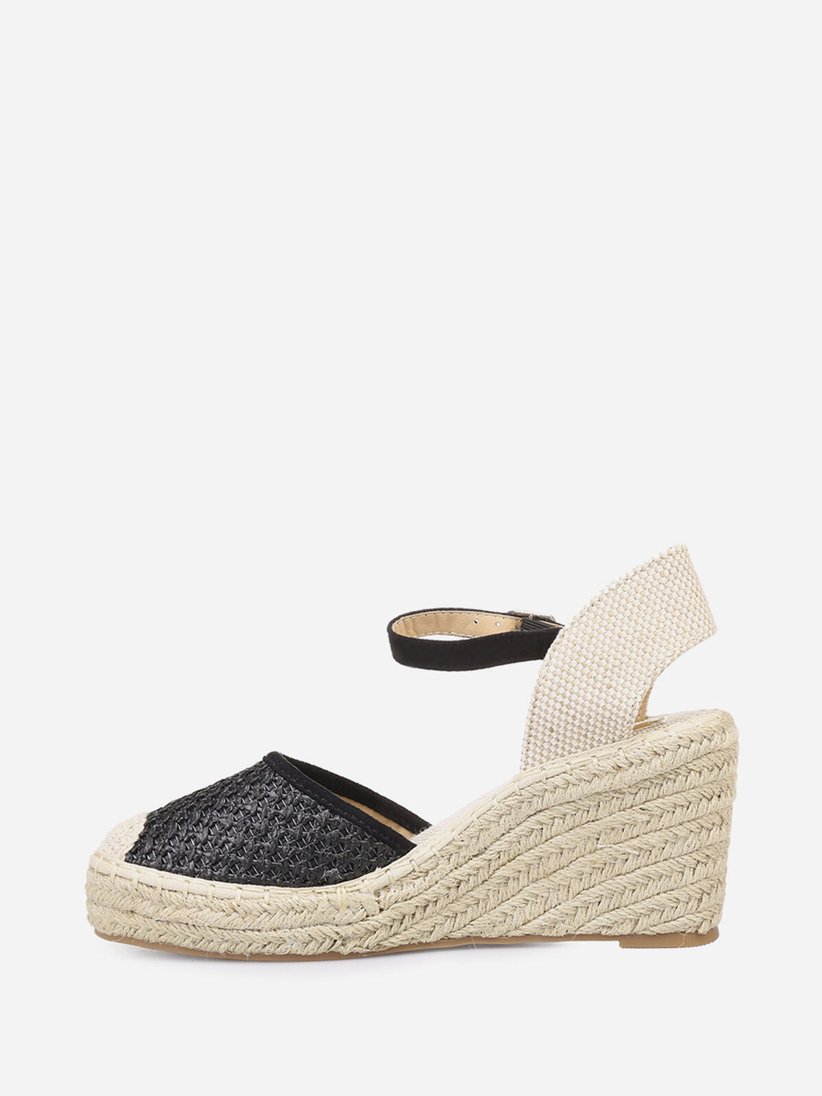 Espadrilles compensées effet paille tressée- Noir