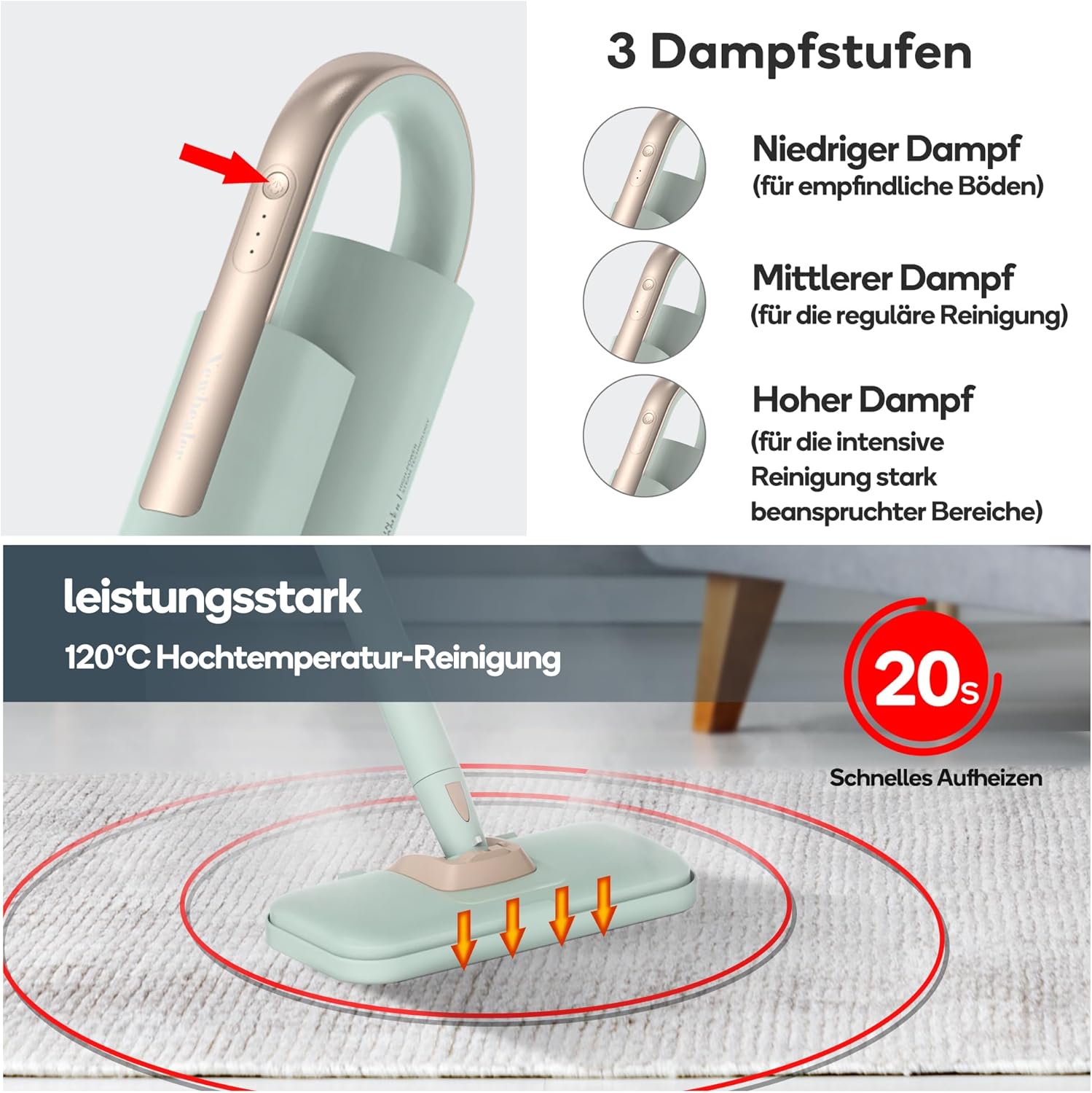 Newbealer 2-in-1 Dampfreiniger, 1200W Handgerät mit abnehmbarem Reiniger, 3 Dampfstufen, 7 Zubehörteile und 2 Mikrofaserpads, Ideal für Alle Böden, Teppiche