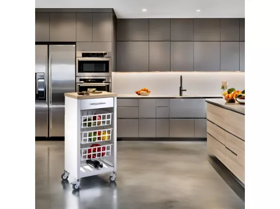 Desserte de cuisine, Chariot de rangement - couleur Blanc, Inox, Orme - 93*48*34 cm - KARA]