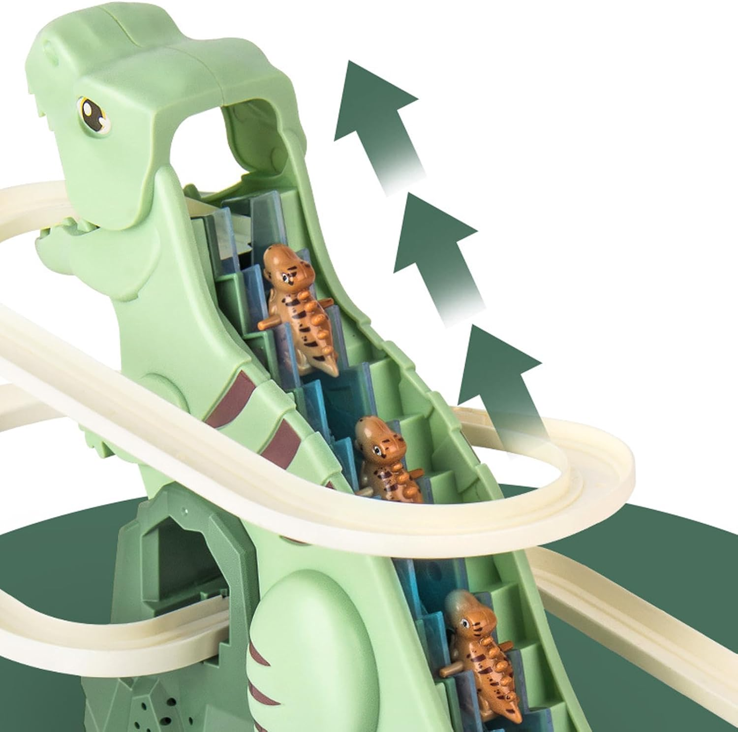 (4-tlg. Set) Kinder Dino Treppensteiger Spiel Achterbahn Dinosaurier Rutsche Spielzeug mit Sound Effekten (Batteriebetrieben) - Grün
