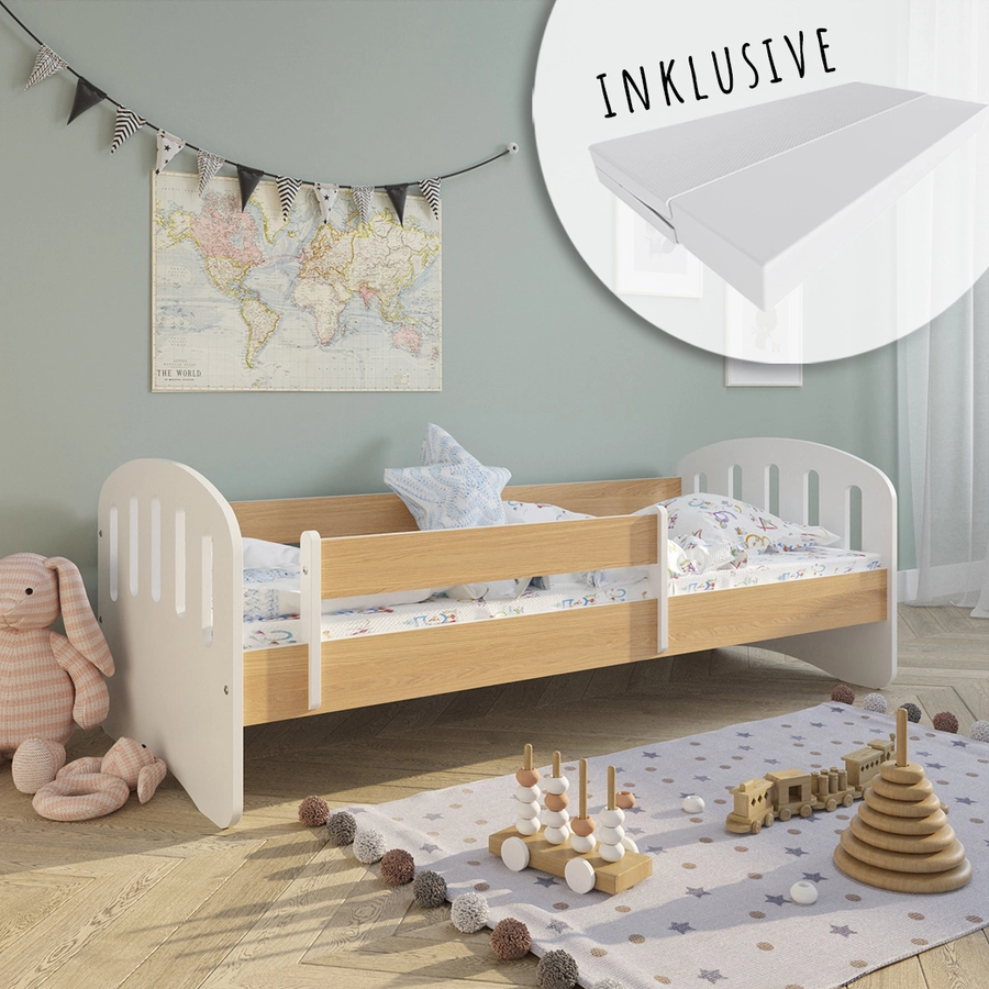 Kids Collective Kinderbett 80x160 | 80x180 mit Matratze, Rausfallschutz & Lattenrost helles Holz