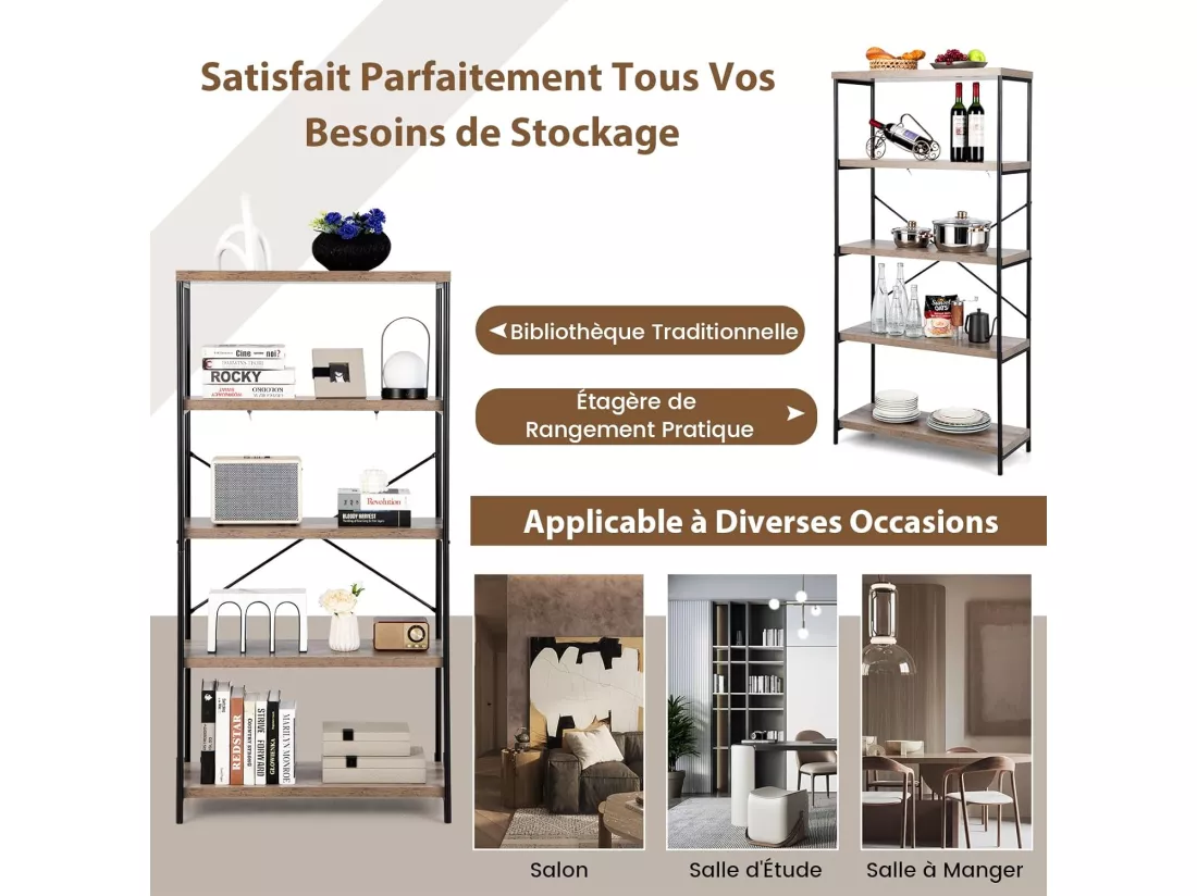 Bibliothèque Étagère à 5 Niveaux, Bibliothèque Industrielle en Bois avec Cadre en Métal, Dispositif Anti-Basculement (Gris)