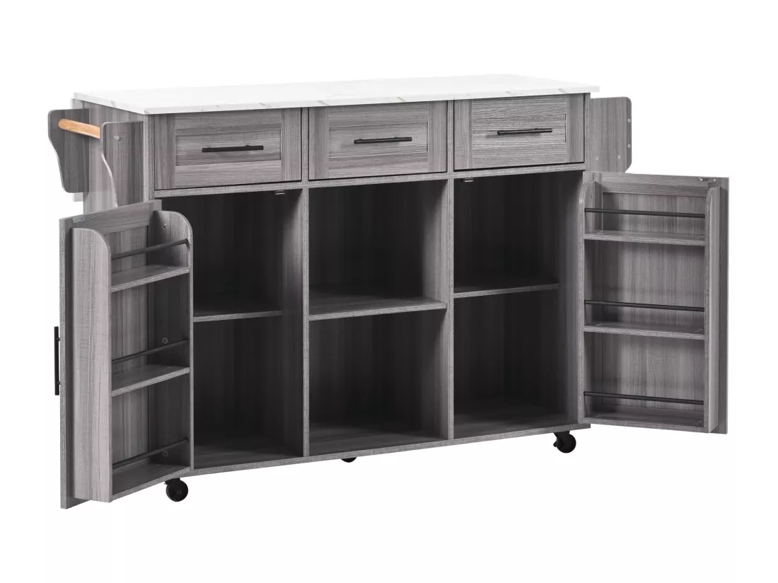 Ilot central de cuisine avec 3 tiroirs et portes de rangement - Plateau extensible - pieds en roulettes ou en bois - Gris