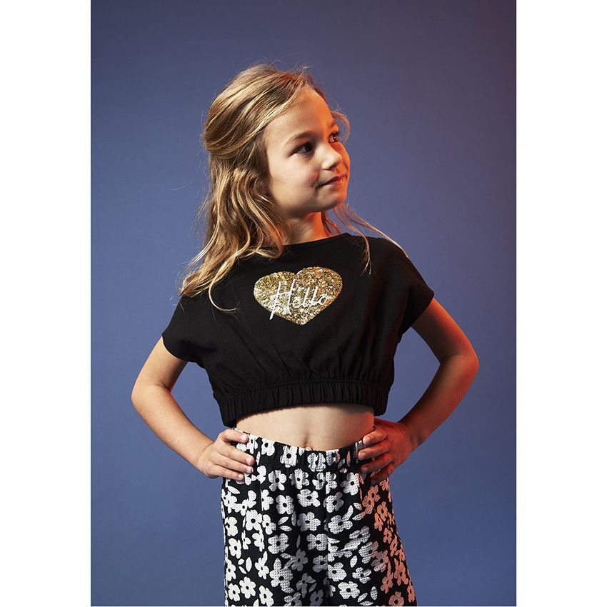 Pantalon large en jersey imprimé fleuri pour fille - Noir