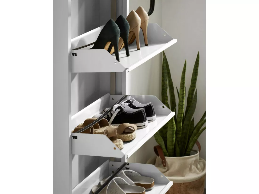 Meuble à chaussures Gonzalo, Meuble à chaussures en métal, Armoire d'entrée polyvalente, Rangement pour chaussures, 50x15h138 cm, Blanc
