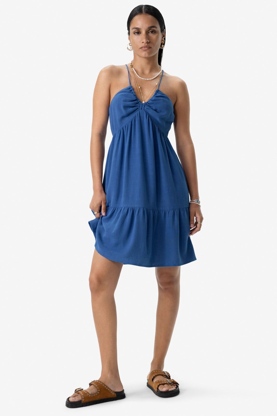 Blauwe jurk met spaghetti bandjes