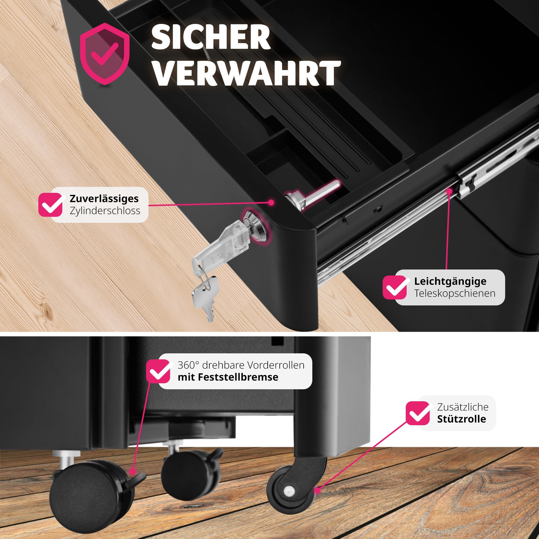 tectake® Aktenrollschrank, aus pulverbeschichtetem Stahl, herausnehmbarer Einsatz für Schreibutensilien, 30 x 50 x 59,5 cm