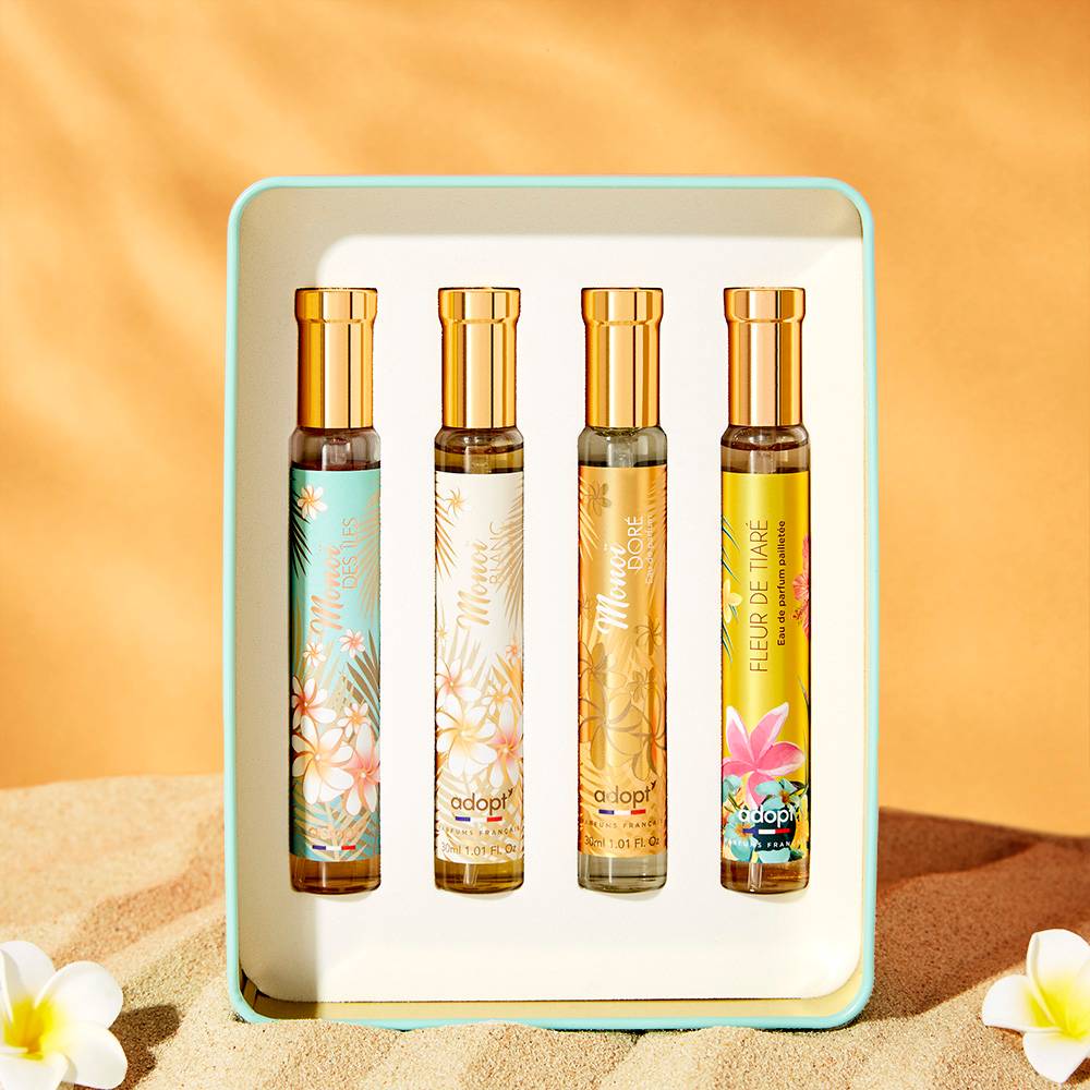 Destination soleil Coffret 4 eaux de parfum Monoi des Îles 30 ml, Monoï Blanc 30 ml, Monoï Doré 30 ml, Fleur de Tiaré pailletée 30 ml