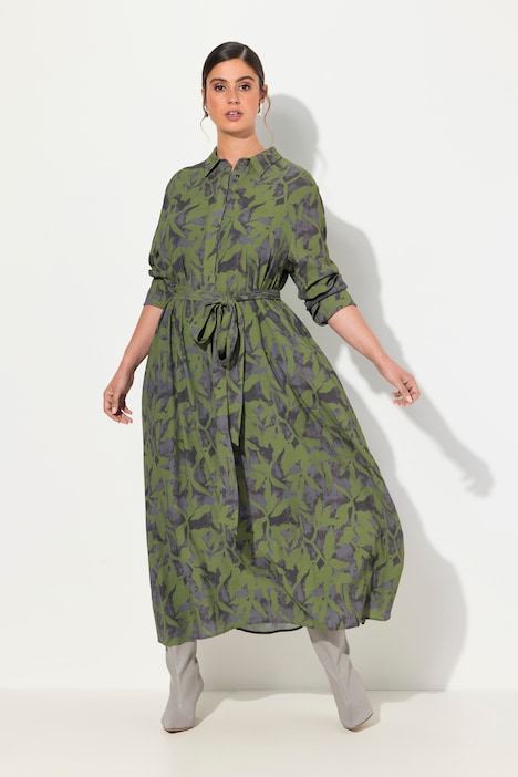 Maxikleid, Blätter, A-Linie, Hemdkragen, Langarm