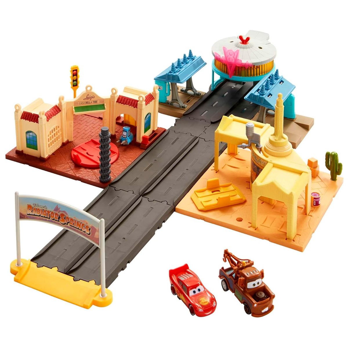 Mattel HGV68 - Disney Pixar Cars - On The Road - Spielset, Road Radiator Springs Tour mit 2 Fahrzeuge