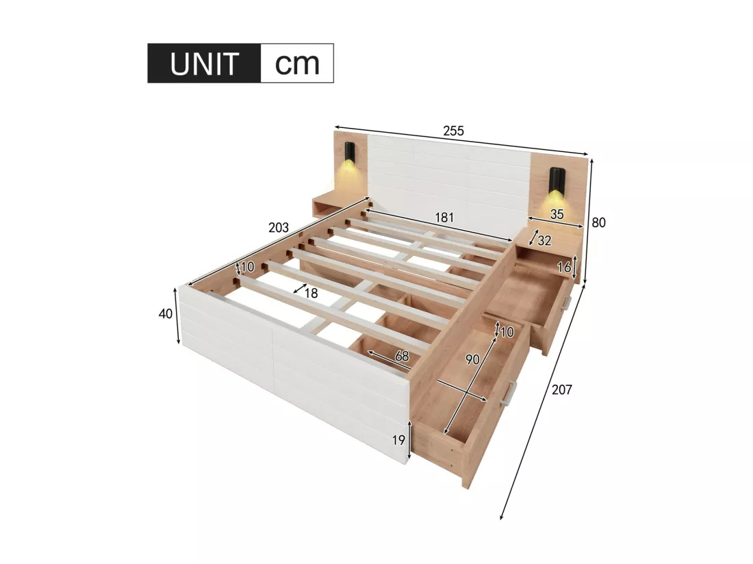 Lit avec tiroirs et chevets 180x200cm, chêne blanc, avec lampes de lecture 360° et Ports de charge USB, 255×207x80cm