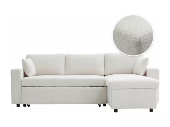 Canapé d'angle 3 places Maria réversible, convertible en tissu bouclette - Blanc - L227 x P146 x H81cm - Loungitude