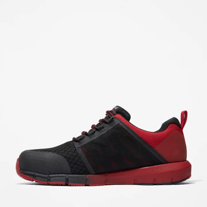 Sapato de trabalho masculino Radius com biqueira de liga metálica nas cores preto e vermelho.
