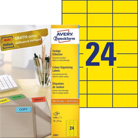 Avery Zweckform 3451 Farbige Etiketten,A4 70 x 37 mm, 100 Bogen/2.400 Etiketten, gelb