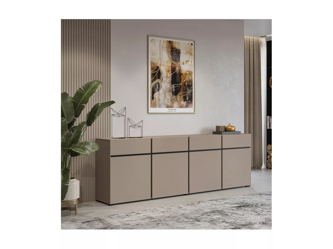 Buffet XL coloris beige et noir 225cm collection HAVANA. Bahut design avec 4 portes et 4 tiroirs.