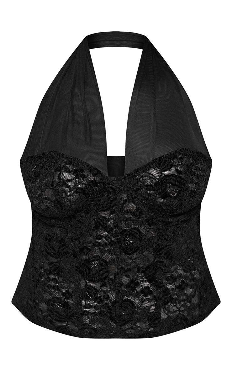 Noir Top Corset Grande Taille En Dentelle Avec Col Licou