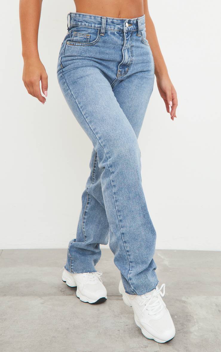 Mid Blue Wash Jean Jambe Droite Longue Ourlet Brut