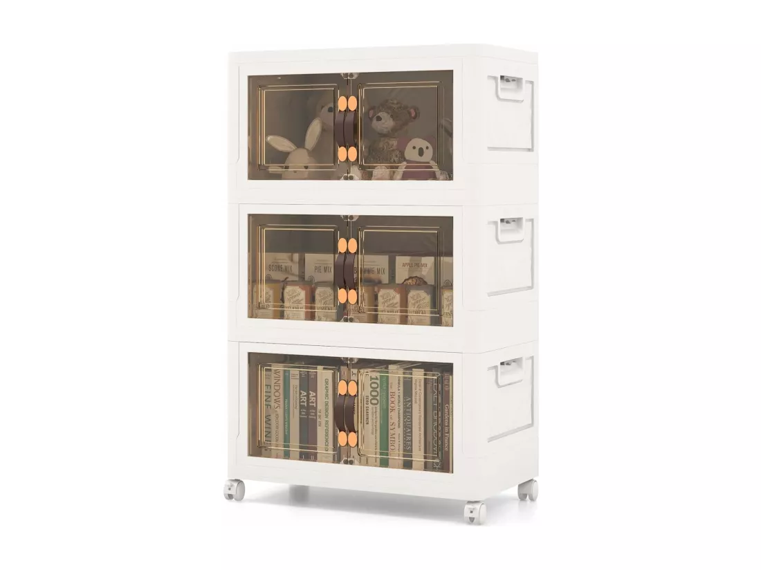 Boîte Rangement Plastique 75L, 3 Caisses de Rangement Pliables avec 4 Roulettes et Couvercles, Boite Empilable pour Vêtement, Livres, Jouets, Caisse pour Chambre, Salon, Cuisine (75L)