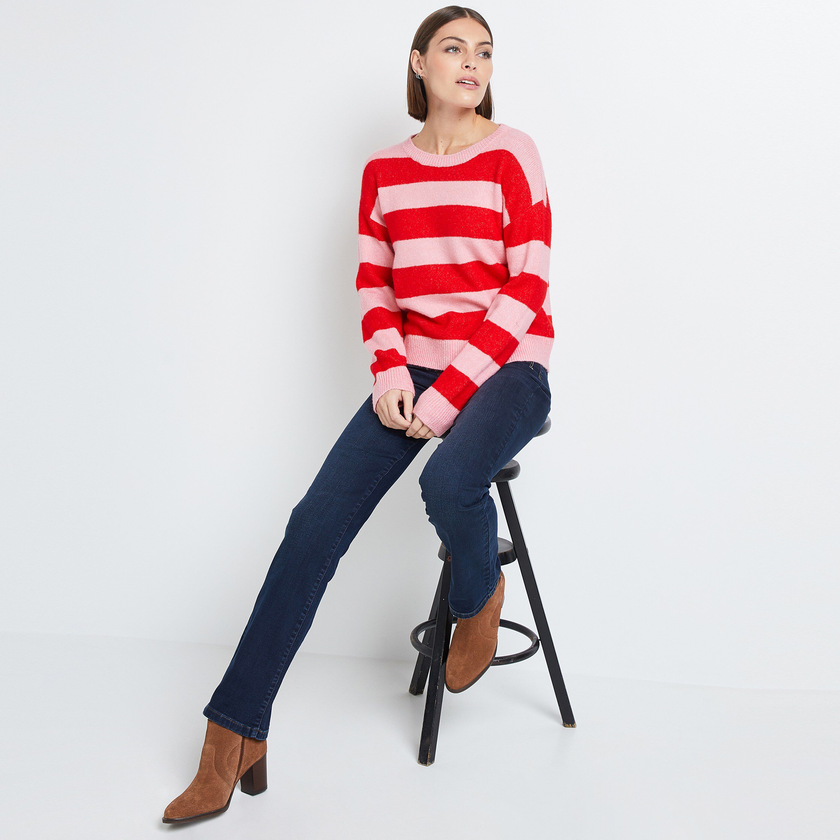 Pull Col rond à Rayures femme - ROUGE