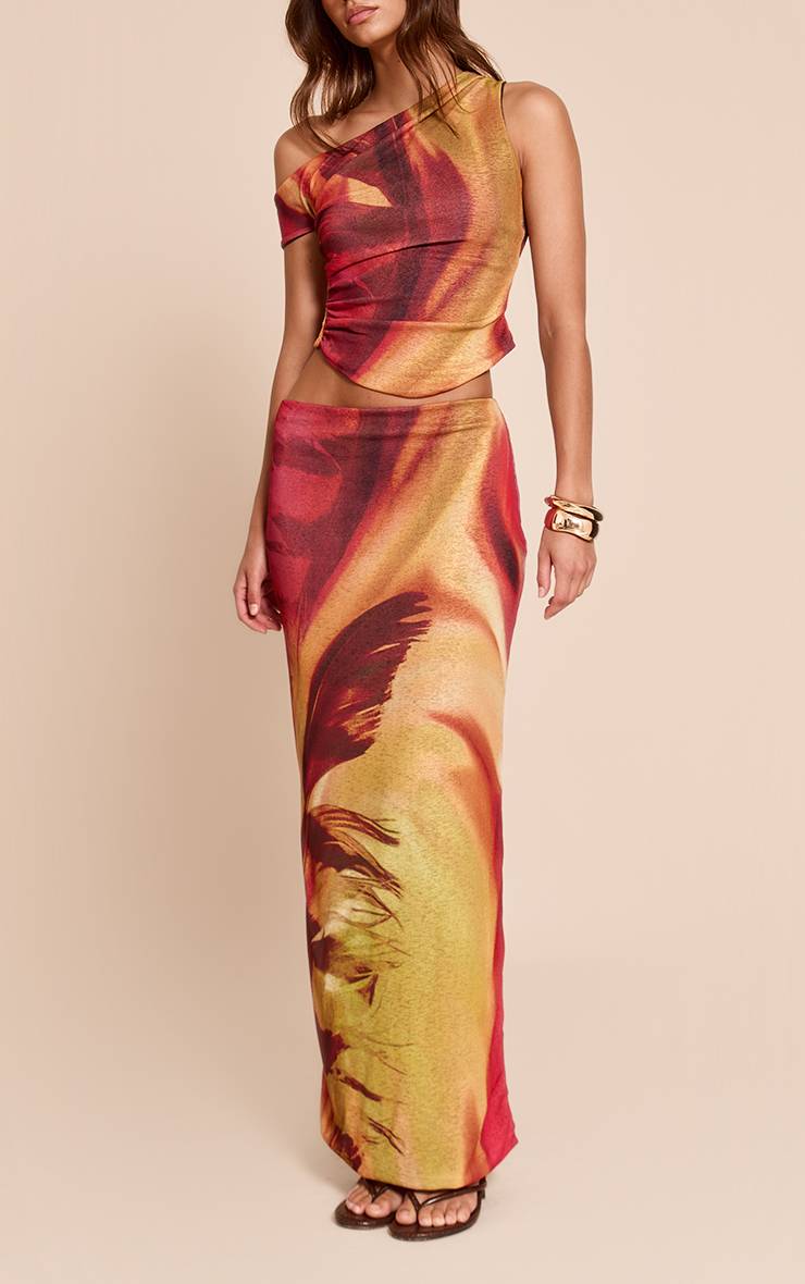 Multicolore Jupe Longue Taille Basse En Peau D'oignon Imprimé Plumes