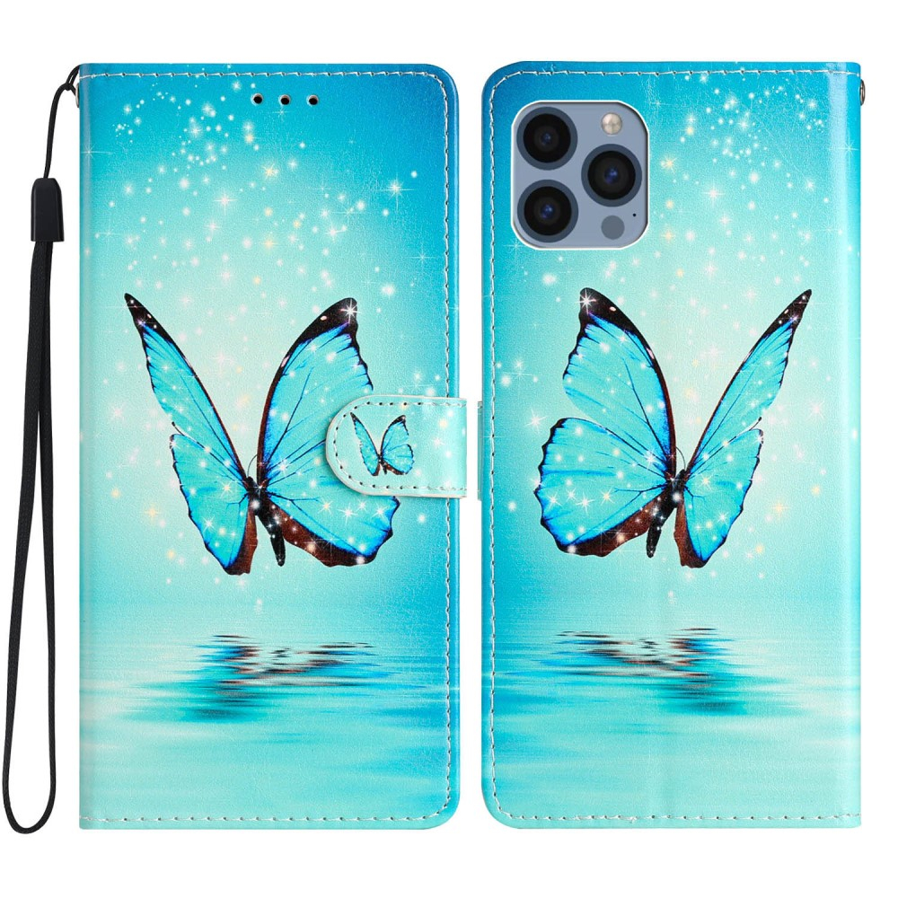 iPhone 15 Pro Leder Tasche mit Kartenfächern - Schmetterlinge (Blau)