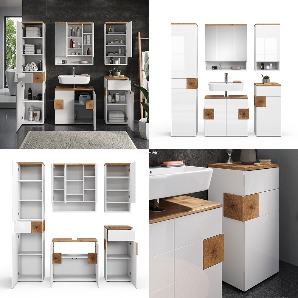 Vicco Badmöbel-Set Badezimmer-Möbel Bad-Schrank Eden Weiß Artisan modern Badezimmerschrank Waschbeckenunterschrank Spiegelschrank Hängeschrank Hochschrank Midischrank Schranktür Schrankfach