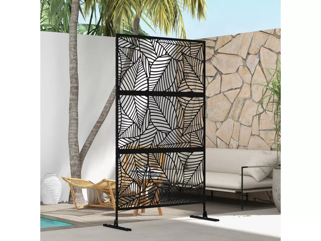 Panneau brise vue décoratif paravent extérieur motif végétal métal noir