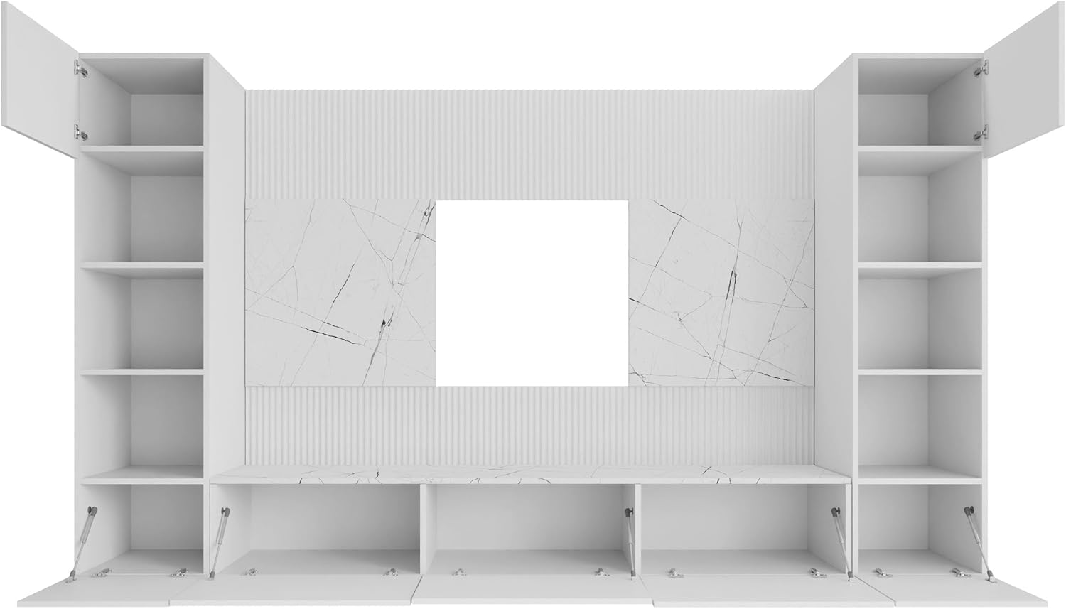 Mirjan24 Wohnwand Deromi, Anbauwand mit Wandpaneele und TV-Lowboard, Akustikplatten, Fernsehschrank, Schrankwand, Mediawand, TV-Lowboard (Sandbeige + Eiche Cremona, 2X Hängeregal)