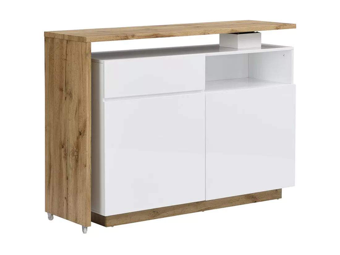Meuble de bar pivotant avec 2 portes, 1 tiroir et 1 niche en MDF - Blanc laqué et Naturel - ELDIR