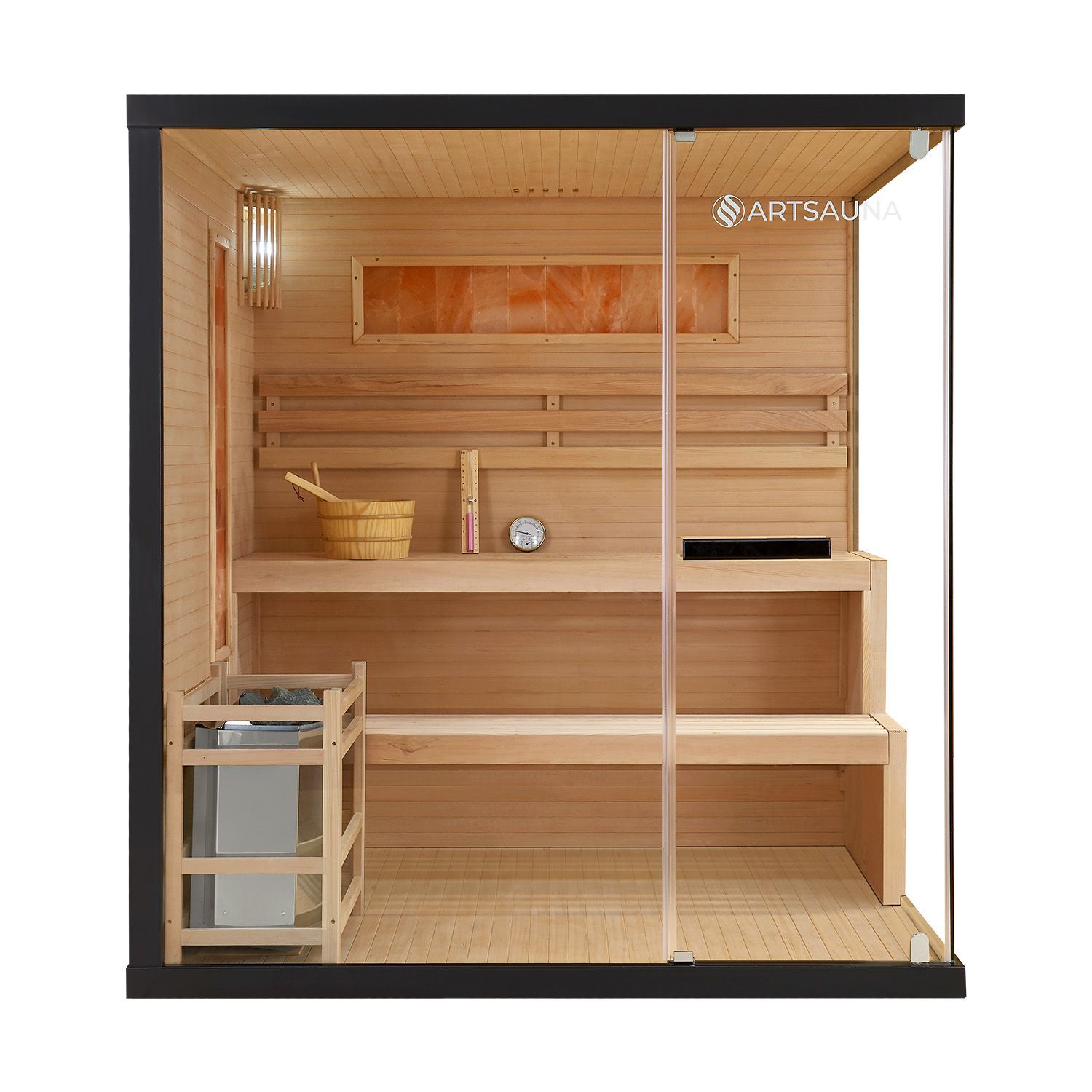 Vorbestellung: Artsauna Saunakabine Vantaa 175 mit Salzstein - Indoor Sauna für 4 Personen, 8 kW Ofen, Glasfront