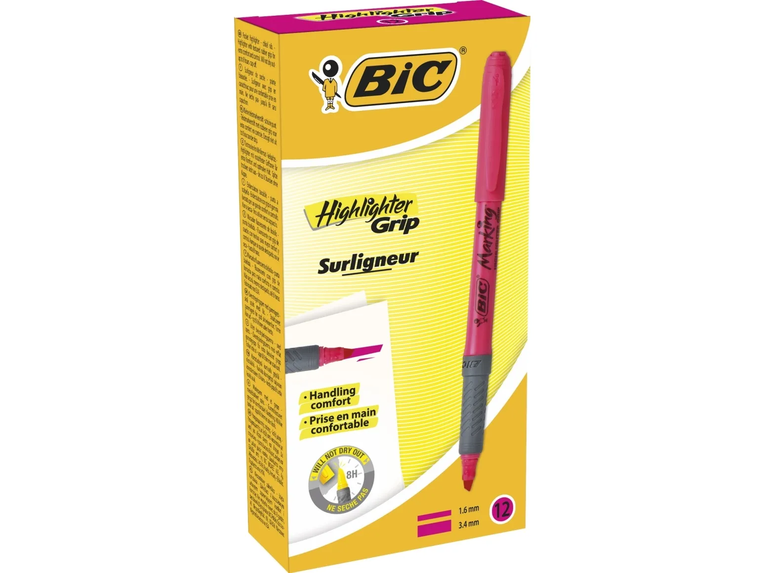 Overstregningspen BIC Highlighter Grip pink med skrå spids - (12 stk.)