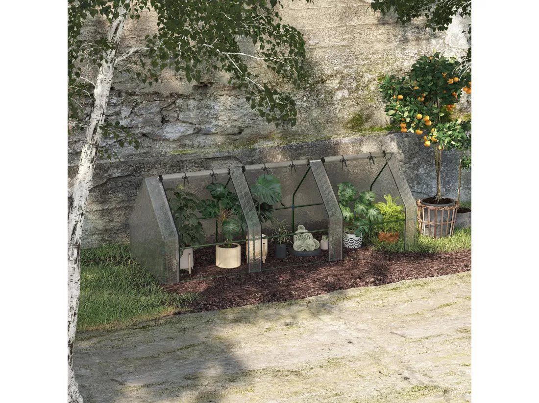 Mini serre de jardin serre à tomates 270L x 90l x 90H cm acier PE haute densité 140 g/m² anti-UV 3 fenêtres avec zip enroulables blanc