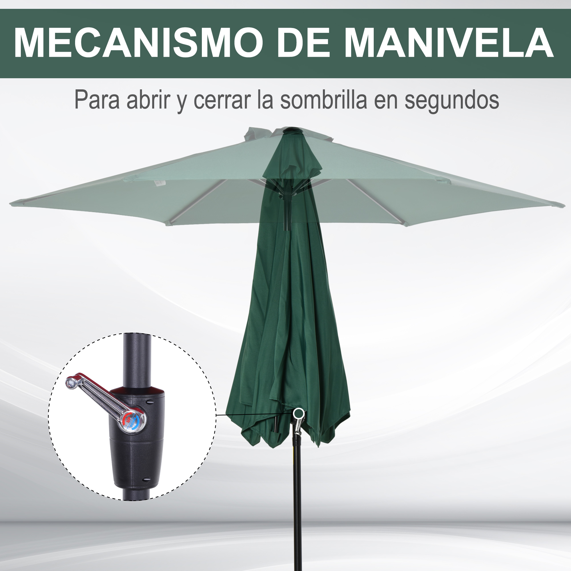 Guarda-sol de jardim Outsunny Ø260x235 cm em alumínio com cabo reclinável, manivela e 6 varetas para terraço e varanda, verde.