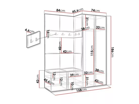 Meuble d'entrée Hartford 266, 186x158x46cm, Chêne Artisan, Tapisserie|Stratifié